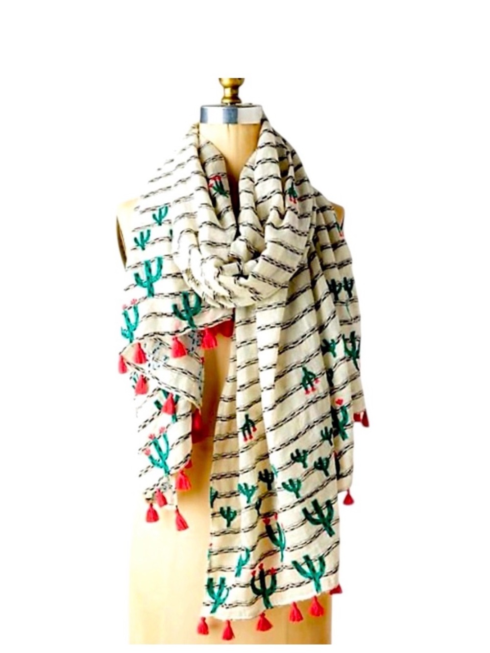 Anthropologie Cactus Embroidered Tassel Scarf Wrap FANTASTIC CONDITION